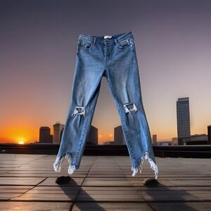 BOHME Button Fly Jeans Wash High Waisted Distressed Raw Hem Denim  32 Boho